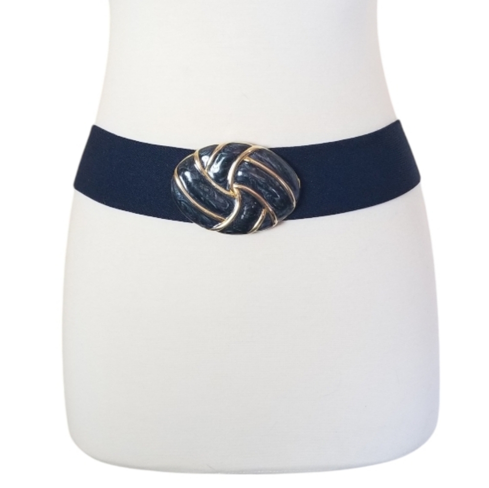 VINTAGE 80's Day-Lor Navy Blue Stretch Belt With Enamel Swirl Metal Buckle OS